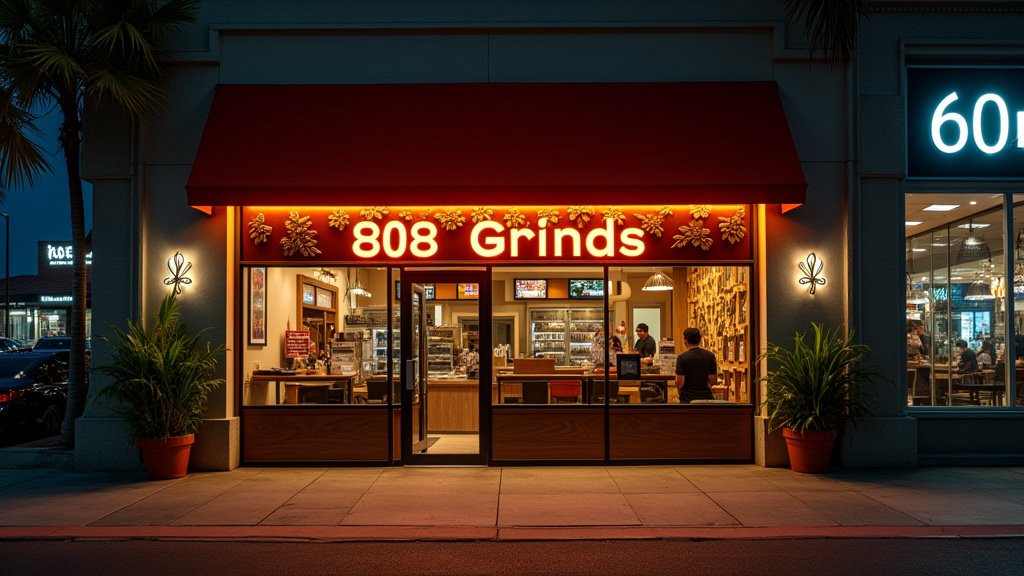 Exterior view of the new 808 Grinds Hawaiian restaurant location in Cedar Mill showcasing its inviting atmosphere