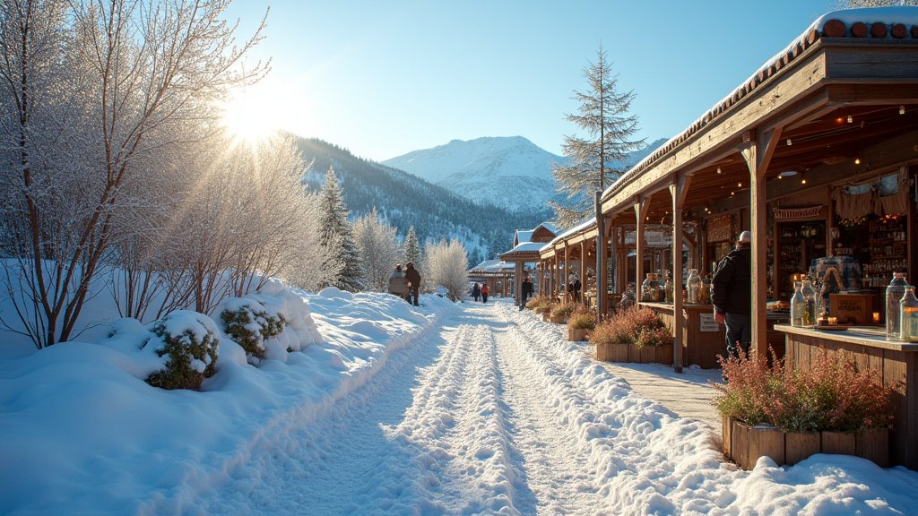 Cinematic wide angle shot of a vibrant spring makers market in Bend Oregon with colorful artisan crafts displayed symbolizing the transition from winter to spring