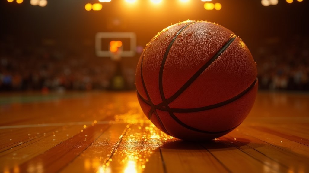 Cinematic wide angle shot of a basketball in mid air during an intense NCAA tournament game representing a career high scoring performance