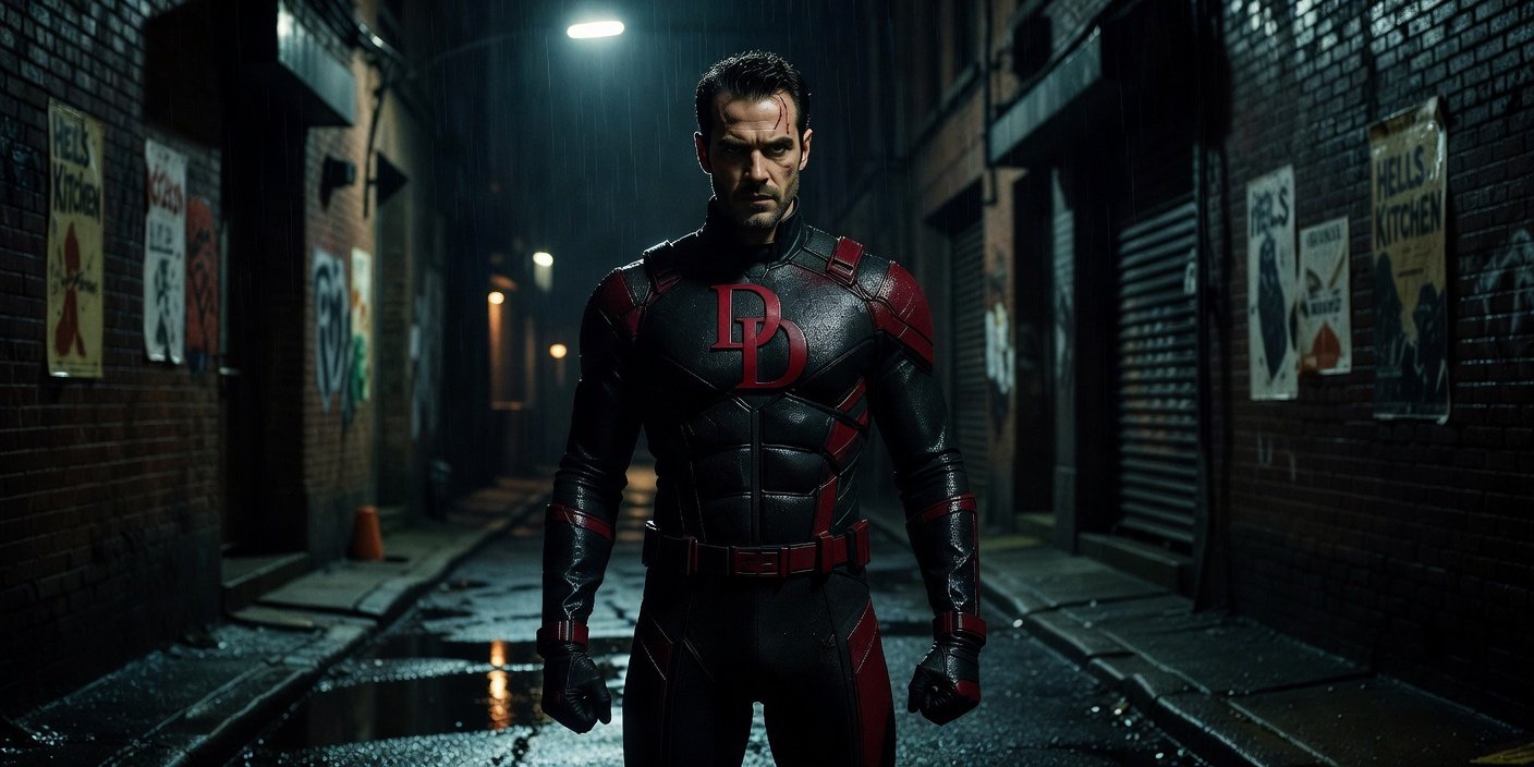 Charlie Cox as Daredevil in his new suit standing determinedly in a dark rain soaked alleyway in Hells Kitchen