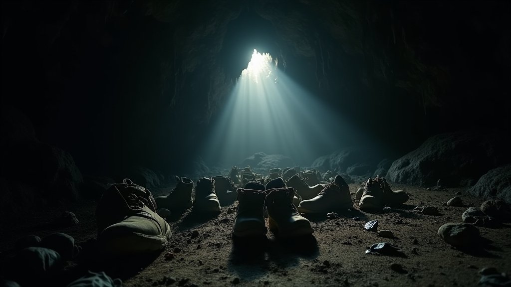 Cinematic wide angle shot of a dark damp cave environment with subtle visual cues representing the presence of white nose fungus symbolizing the threat to bat populations