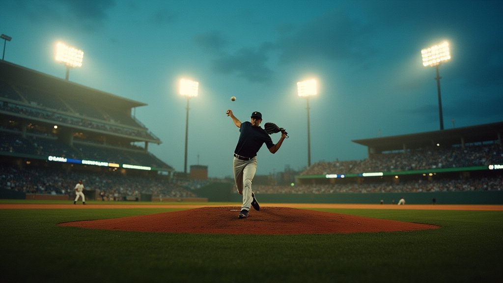 Cinematic wide angle shot of a baseball pitcher on the mound during a game representing a sports victory