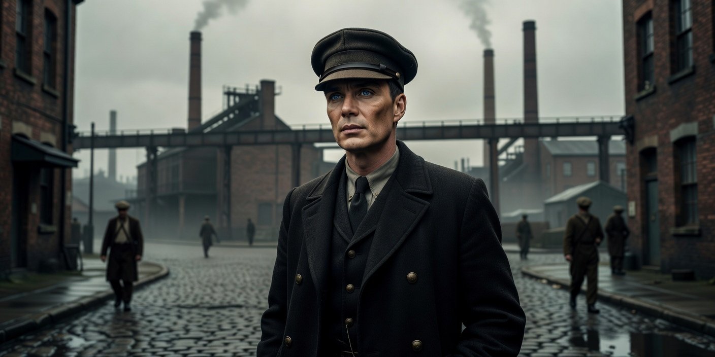 Editorial portrait of Cillian Murphy as Tommy Shelby in Peaky Blinders The Immortal Man set against a wartime Birmingham backdrop