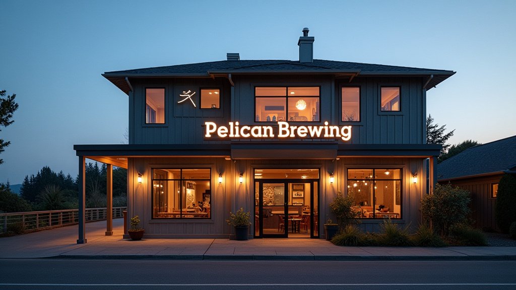 Scenic view of Pelican Brewings new Yachats location on the Oregon Coast featuring a welcoming pub facade against a backdrop of dramatic coastal scenery and the ocean
