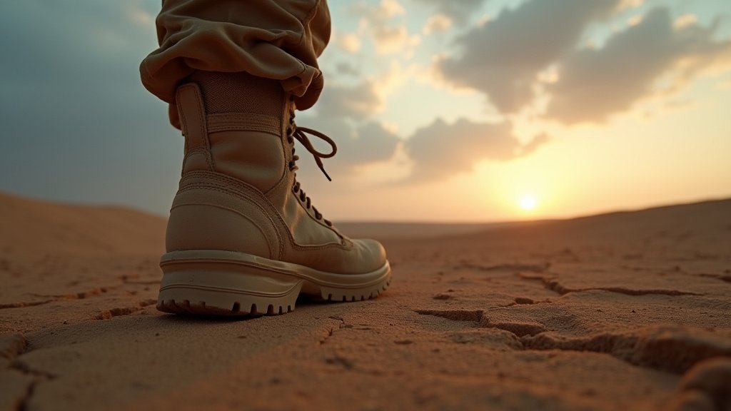Cinematic wide angle shot of a desert military encampment at night representing the large scale US troop deployment to the Middle East amid heightened geopolitical tensions