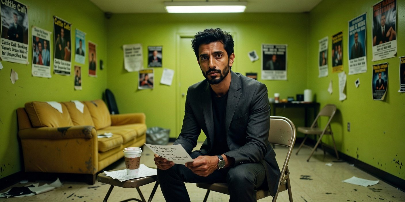 Professional editorial portrait of Riz Ahmed as an actor navigating the intense world of a James Bond audition